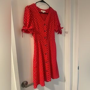 MONTEAU NWOT Short Sleeve Red & White Polka Dot Button-Up A-Line Dress MEDIUM